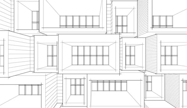 Progetto Geometrico Schizzo Modello Digitale Casa Costruzione Edificio Bianco Nero — Vettoriale Stock