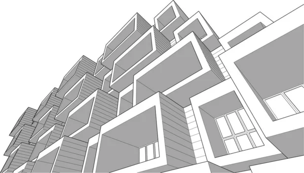 房屋的几何三维图形模型草图 黑白建筑的建造 — 图库矢量图片