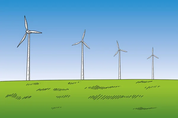 Barevné Ručně Kreslené Větrné Turbíny Poli — Stockový vektor
