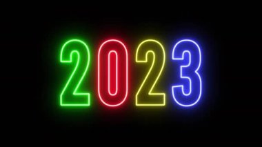 parlak neon 2023 mutlu yeni yıl kartı siyah arkaplanda