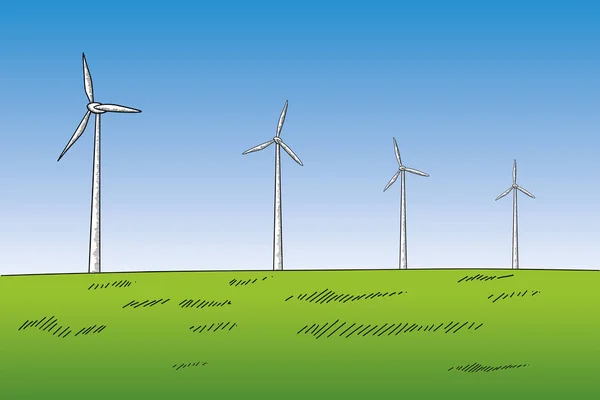 Turbine Eoliche Disegnate Mano Tecnologia Verde Produzione Energia Energie Rinnovabili — Vettoriale Stock