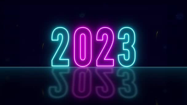 明亮的霓虹灯2023黑色背景的新年快乐卡 — 图库视频影像