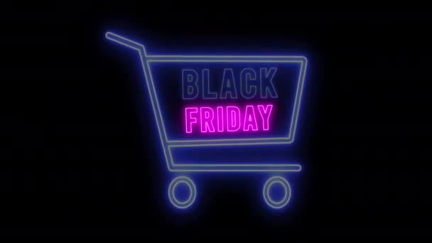 Neon Shopping Cart Render Promoción Del Viernes Negro Brillante Animación — Vídeos de Stock