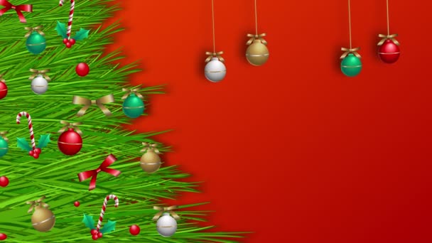 Weihnachtsbaum Mit Spielzeugdekoration Hängende Kugeln Auf Rotem Hintergrund — Stockvideo