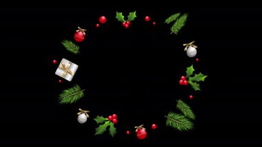 Mutlu noel kartları. Çerçeve animasyonunu hediyelerle, noel balolarıyla ve kutsal meyvelerle karşılamak