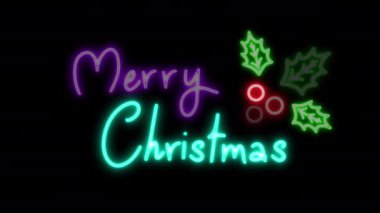 Canlandırmayı canlandır. Parlayan neon ışıkları Mutlu Noeller ve kutsal meyveler siyah arka planda 