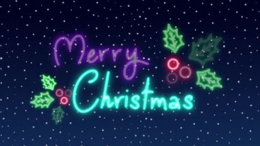 Canlandırmayı canlandır. Parlayan neon ışıkları Mutlu Noeller ve kutsal meyveler siyah arka planda 