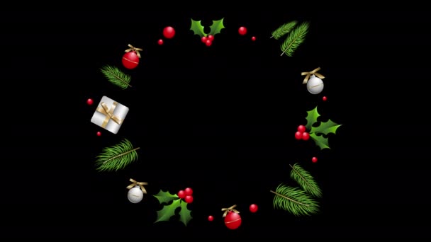 Vrolijk Kerstkaartje Groet Frame Animatie Met Geschenken Kerstballen Hulst Bessen — Stockvideo