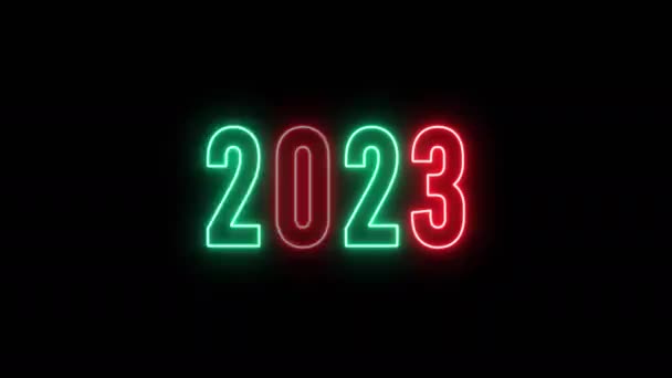 发光的霓虹灯2023红色绿色在黑色背景上反射新年贺卡 — 图库视频影像