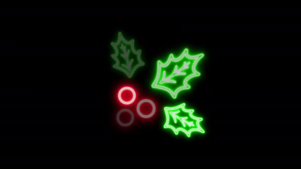 Neon Gloeiende Animatie Van Kerst Hulst Bessen — Stockvideo
