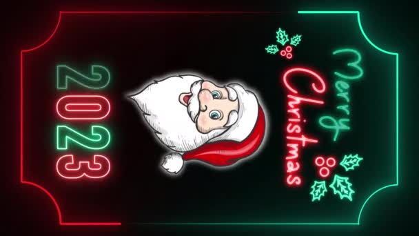 Светящаяся Голова Неонового Санта Клауса Рождеством Ягоды Падуба Черном Фоне — стоковое видео