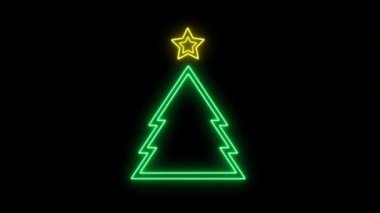 Üzerinde siyah arka planda izole edilmiş yıldızlı yeşil neon Noel ağacı 
