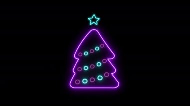 Mor Neon Doodle Noel ağacı. Mutlu Yıllar Animasyon tebrik kartı 