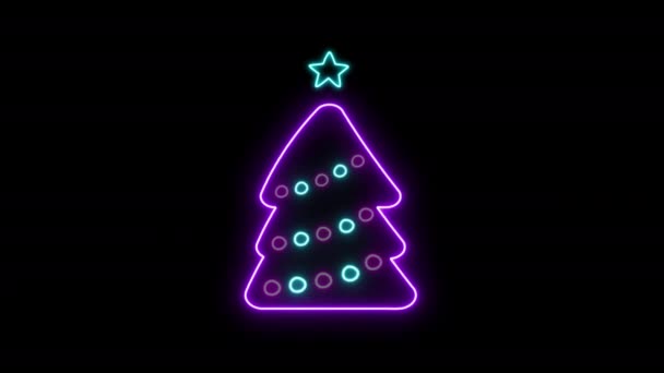 Fialový Neonový Vánoční Stromek Šťastný Nový Rok Animace Blahopřání — Stock video