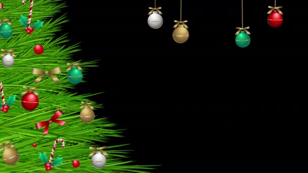 Árvore Natal Com Bolas Decoração Fundo Preto Para Espaço Cópia — Vídeo de Stock