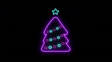 Siyah arka planda Neon Noel Ağacı. Mutlu Yıllar Animasyon tebrik kartı 