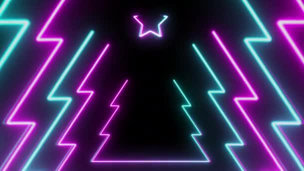 Neon Christmas Tree Mit Stern Auf Schwarzem Hintergrund Glückliches Neues — Stockvideo