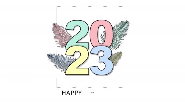Colorful Happy New Year 2023グリーティングカードポスターとヤシの葉 — ストック動画