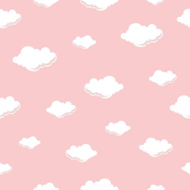Vector Flat Style Clouds Seamless Pattern on Pink Background. Clouds collection flat style. Clouds Set in Hand Drawn Vintage Retro Style Cartoon Clouds design elements. Engraving Style illustrations.