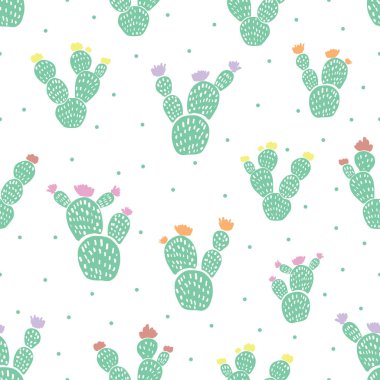 Vector cactus seamless pattern with purple pink, orange and yellow flowers on white background. Cute Cactus Printable Seamless Pattern for fabric prints or website uses.