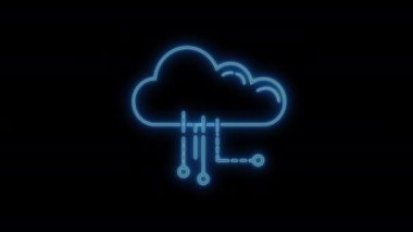 Neon Data Cloud Illustration. Icon Outline engraving Style Vintage Line Style Data Cloud Technology Concept. Futuristic Neon Light Data Cloud with Arrows Illustration.