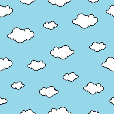 Vector Flat Style Clouds Seamless Pattern on Blue Background. Clouds collection flat style. Clouds Set in Hand Drawn Vintage Retro Style Cartoon Clouds design elements. Engraving Style illustrations.