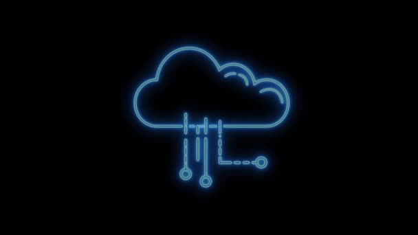 Neon Data Cloud Illustration Icon Outline Engraving Style Vintage Line — Vídeo de Stock