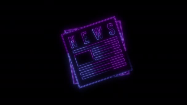 4Kアニメーションネオン新聞アイコンニュースサイン新聞アニメーション新聞ネオンデザインを光る ニュースデザインの要素を育てる 最新ニュース速報 黒の背景に隔離された新聞 — ストック動画