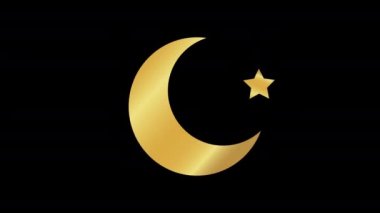 4K Golden Ramadan Moon and Star with Neon Isolated on Black Background. Space for your message text or logo. Top quality 3d animation. Crescent and star for Islamic Natural or Bentime Concept Designs.
