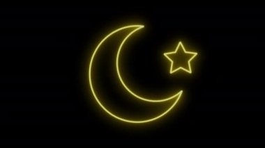 Neon Line Light Moon and Star Motion Element Isolated on Black Background. Led Light crescent and star animation. Ramadan Kareem or Bed Time Concept Animated Design Element.
