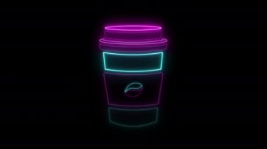 4K ışıklandırılmış Parlayan Neon Coffee Take Away Neon Cup tabelası. Neon işareti animasyonu siyah arkaplanda izole edildi. Bir fincan kahve işaretli, dikişsiz 4K. Kafe İçi ve Gece Dekorasyonu için Kahve İşareti