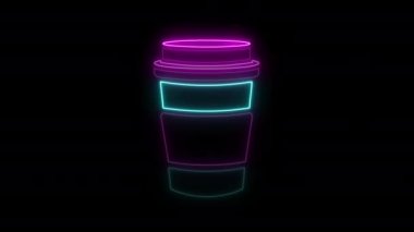4K ışıklandırılmış Parlayan Neon Coffee Take Away Neon Cup tabelası. Neon işareti animasyonu siyah arkaplanda izole edildi. Bir fincan kahve işaretli, dikişsiz 4K. Kafe İçi ve Gece Dekorasyonu için Kahve İşareti
