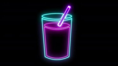 4k Animasyon Neon Aydınlatılmış Taze Meyve Suyu Kupası Kara Arkaplanda izole edildi. Yaratıcı Tasarım Elementi Parlayan Neon Biçimli Suyu Saman Titreşimli 