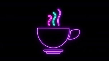 4K Aydınlatılmış Parlayan Neon Kahve Kupası tabelası. Neon kafe işareti animasyonu siyah arka planda izole edildi. Bir fincan dikişsiz kahve işareti. Kafe İçi ve Gece Dekorasyonu için Renkli Kahve Tabelası.