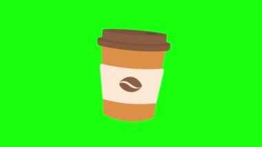 Hareketli Kahve Fasulyesi Tasarımı ile 4K Animasyon Çekim Kupası. Sıcak Kahve Kağıt Kupa Hareketi Yeşil Ekran 'da izole edildi. Kahve Kâğıdı Tasarım Elemanı. Flat Coffee Beans Kupa 'nın etrafında dönüyor
