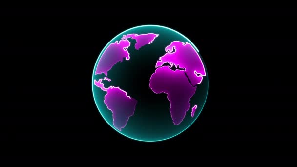 Neon Glowing Globe Earth Planet Animation Aislado Sobre Fondo Negro — Vídeo de stock