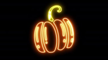 4k Neon Parlayan Korkunç Gülümseyen Cadılar Bayramı Balkabağı Kara Arkaplan Aydınlatılmış Kabak Çizgisi Animasyonu Ürkütücü yüz ifadeleriyle Mutlu Cadılar Bayramı Numarası ya da Neon Parlak Tasarım Elementi.