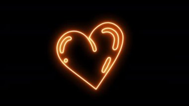 4k Animasyon El Çizilmiş Doodle kalp ikonu turuncu renkli neon ışık efekti siyah arkaplanda izole edildi. Sonbahar, Aşk ya da Sevgililer Günü tasarım elementi. Aydınlatılmış el izole edilmiş kalp tasarımı.