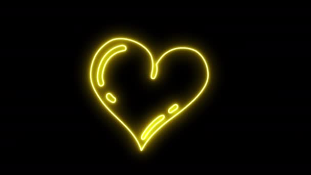 4Kアニメーション ブラックバックで隔離された黄色のネオンライト効果で手描きのドードルハートアイコン バレンタインデーのデザイン要素 イルミネーションされた手描きの孤立したハートデザイン — ストック動画