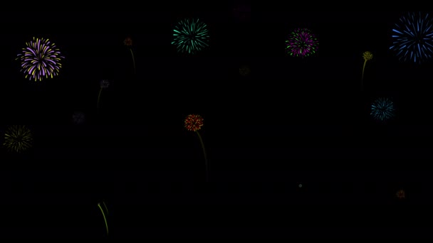 4K新年前夜烟火庆祝圈在黑色背景下无缝隔绝抽象的五彩缤纷闪烁着彩灯的烟火晚会在夜空节日期间举行 — 图库视频影像
