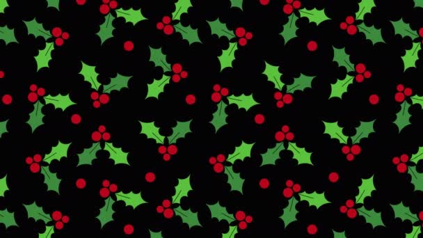 4K个黑色质地的动画冬青浆果 平坦的风格可爱的假日运动模式 新年和圣诞横幅模板垂直和水平图案设计 水果质地 — 图库视频影像