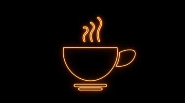 Aydınlatılmış Parlayan Turuncu Neon Kahve Kupası tabelası. Neon kafe işareti canlandırması siyah arkaplanda izole edildi