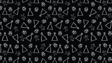 Noel veya Yeni Yıl için 4k siyah beyaz animasyon motifi. Noel ağaçları, Noel topları ve kurabiyeler siyah arka planda ana hatlarını belirtiyor.