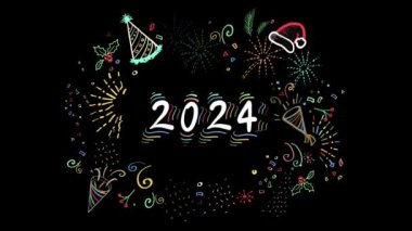 Mutlu yıllar 2024 Animasyon Tasarımı. El Çizimi Yeni Yıl ve Noel Renkli Neon Led Dekorasyonları Tebrik Kartı