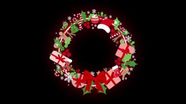 4K Dekoratif Çelenk Tasarımı Noel Şablonu Kara Arkaplan Yeni Yıl Çelengi ve Noel süslemeleri. Tatil girişi, kapı, mağaza ve market dekorasyonu. Tatil Canlandırması.