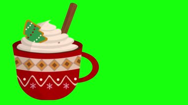 Mutlu noel animasyonu sıcak kakao kupası ya da yeşil renkli ekranda izole edilmiş süslemeli kahve.