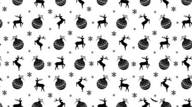 4K animasyon Noel ve yeni yıl geçmişi. Beyaz arka planda Noel süslemeleri, geyik ve kar taneleri desenleri. Tatil tebrik kartı şablonu.  