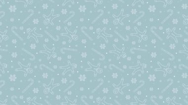 Noel veya Yeni Yıl için 4k gri ve beyaz animasyon motifleri. Noel ağaçları, Noel topları ve kurabiyeler siyah arka planda ana hatlarını belirtiyor.