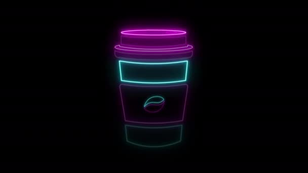 Neon Segno Animazione Isolato Sfondo Nero Tazza Caffè Segno Loop — Video Stock