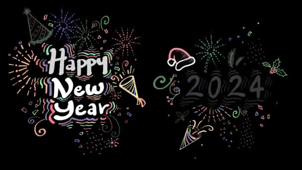 Šťastný Nový Rok 2024 Animation Design Ručně Kreslené Doodle Styl — Stock video